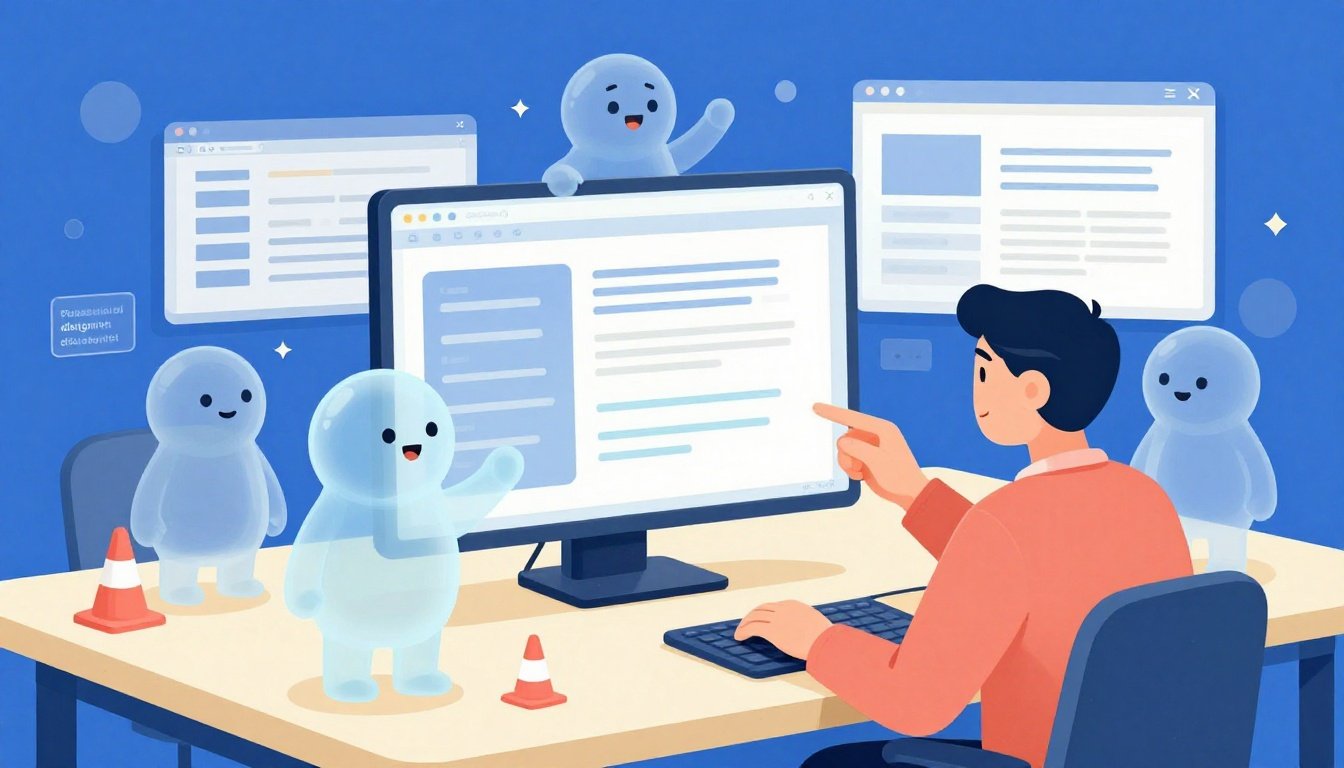 Editorial illustration of a creative director guiding friendly AI helpers around a website codebase with visible guardrails.