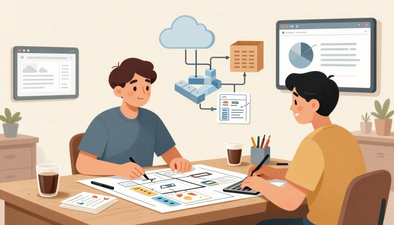Editorial illustration of a developer and a friendly AI assistant assembling an application blueprint with cloud infrastructure blocks and content cards.