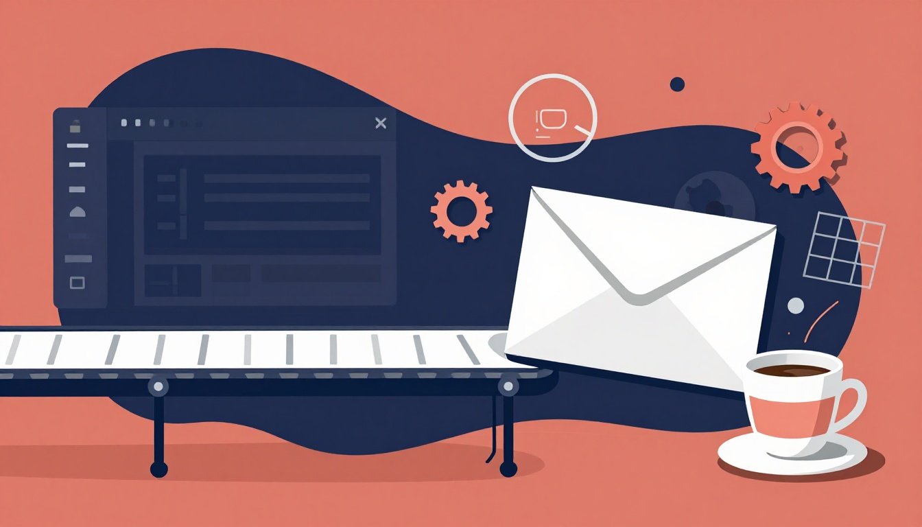 Editorial illustration of a design canvas moving through a conveyor belt into a production-ready email envelope