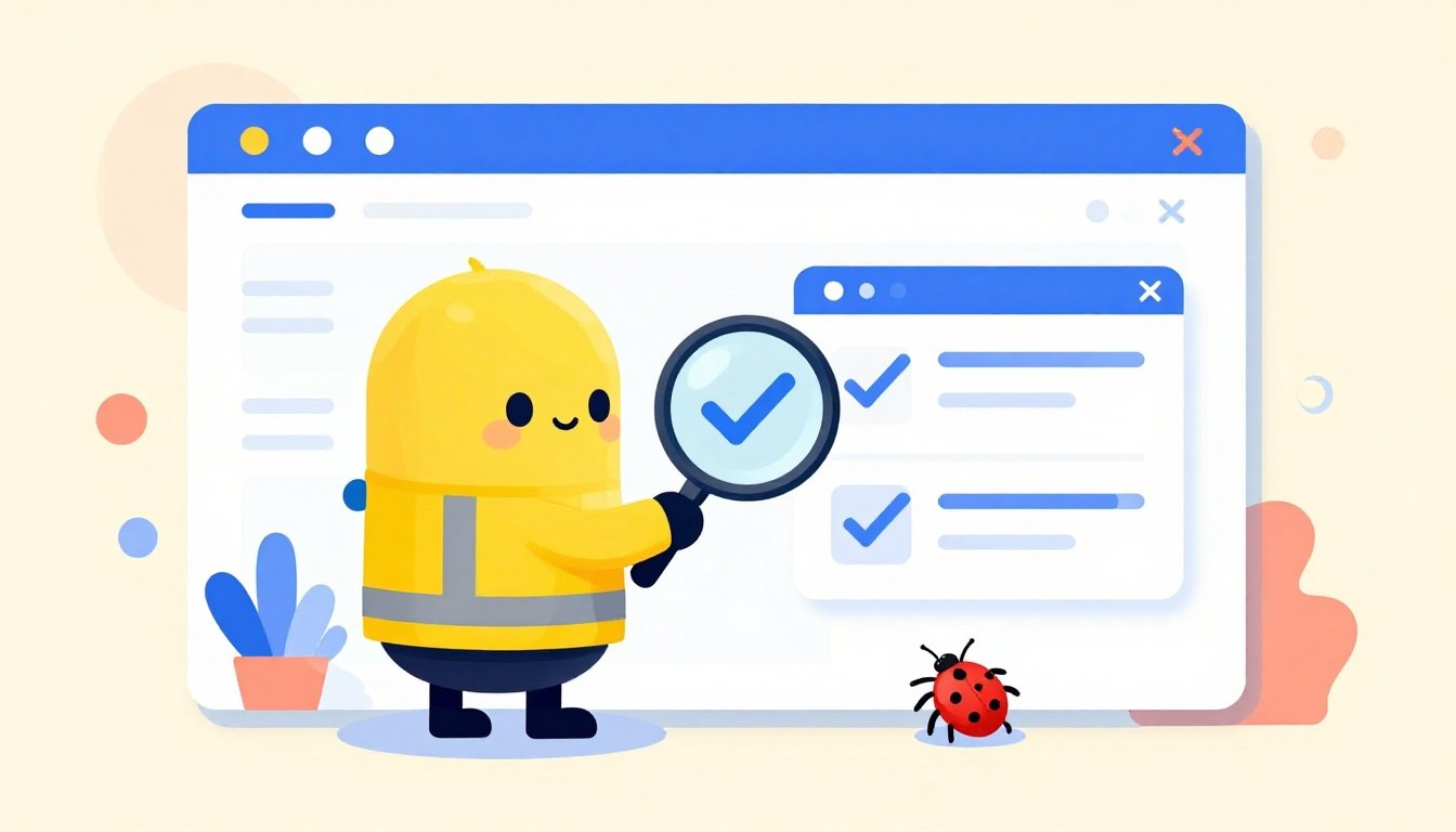 Editorial illustration of a friendly yellow software agent inspecting a browser window with a magnifying glass, checkboxes, and a tiny bug.