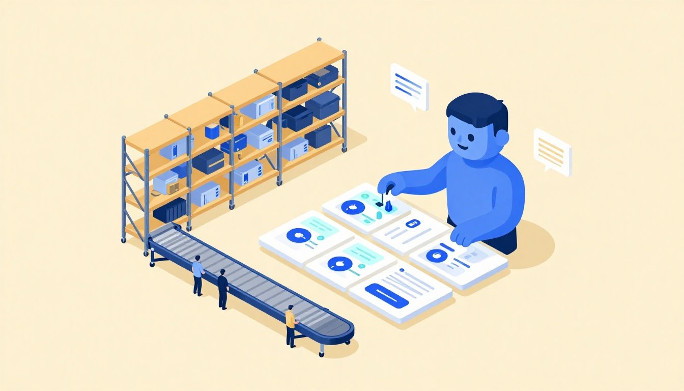 Editorial illustration of an abstract software agent assembling dashboard tiles over an isometric warehouse floor with shelves, conveyors, and data signals.